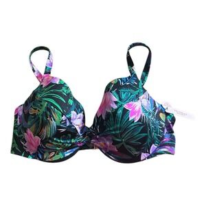 Victoria'sSecret 38D Push Up Top Underwire Black Tropical Palm Print New